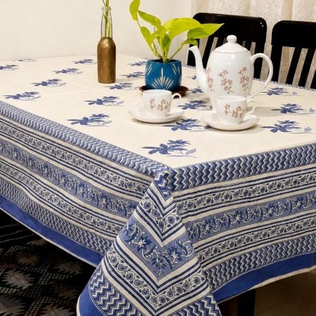 Blue Floral Pattern Handmade Canvas Cotton Table Cover